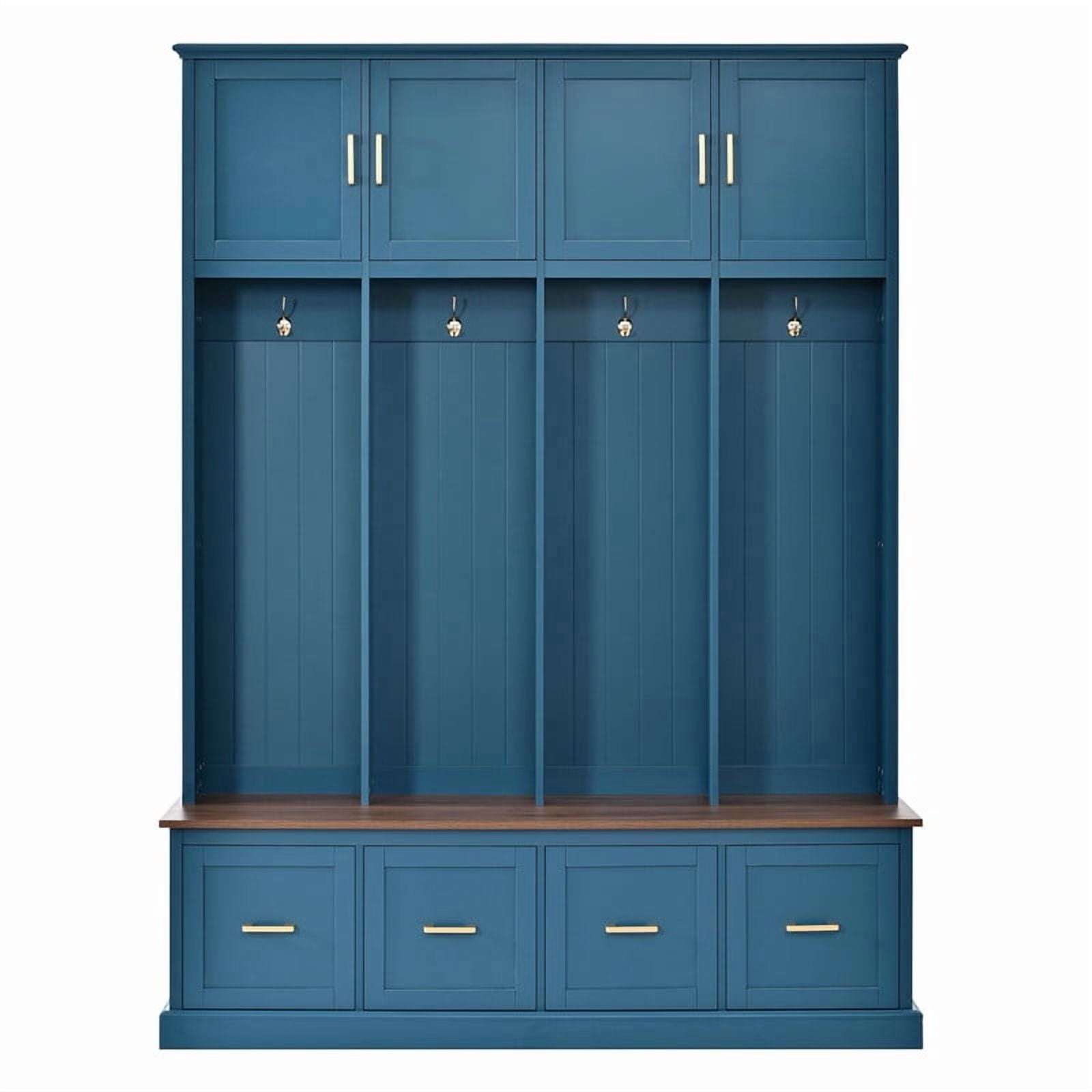 Farmhouse Wooden Entryway Hall Tree with Coat Hooks, Multi-functional Storage Cabinet with Shoe Bench and Drawers