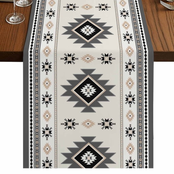 Gray Beige Boho Table Runner 72 Inches Long,Ethnic Tribe Southwestern Vintage Cotton Linen Table Runners Dresser Scarves,Decorative Fabric Tabletop Scarf Furniture Cover for Home Dinner Party 13"x72"