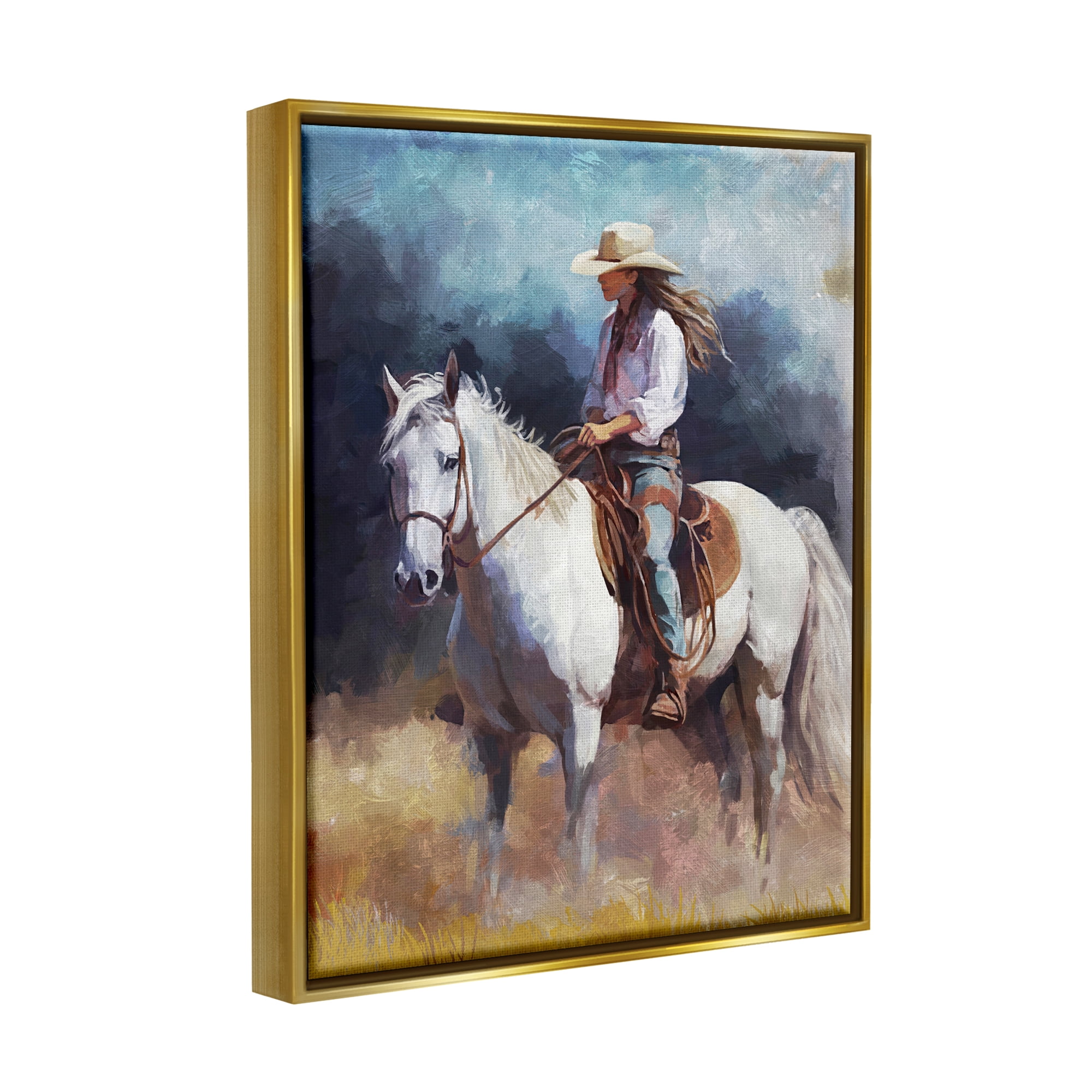 Stupell Industries Cowgirl on White Stallion Animals & Insects Painting Gold Floater Framed Canvas Art Print Wall Art, 25 x 31