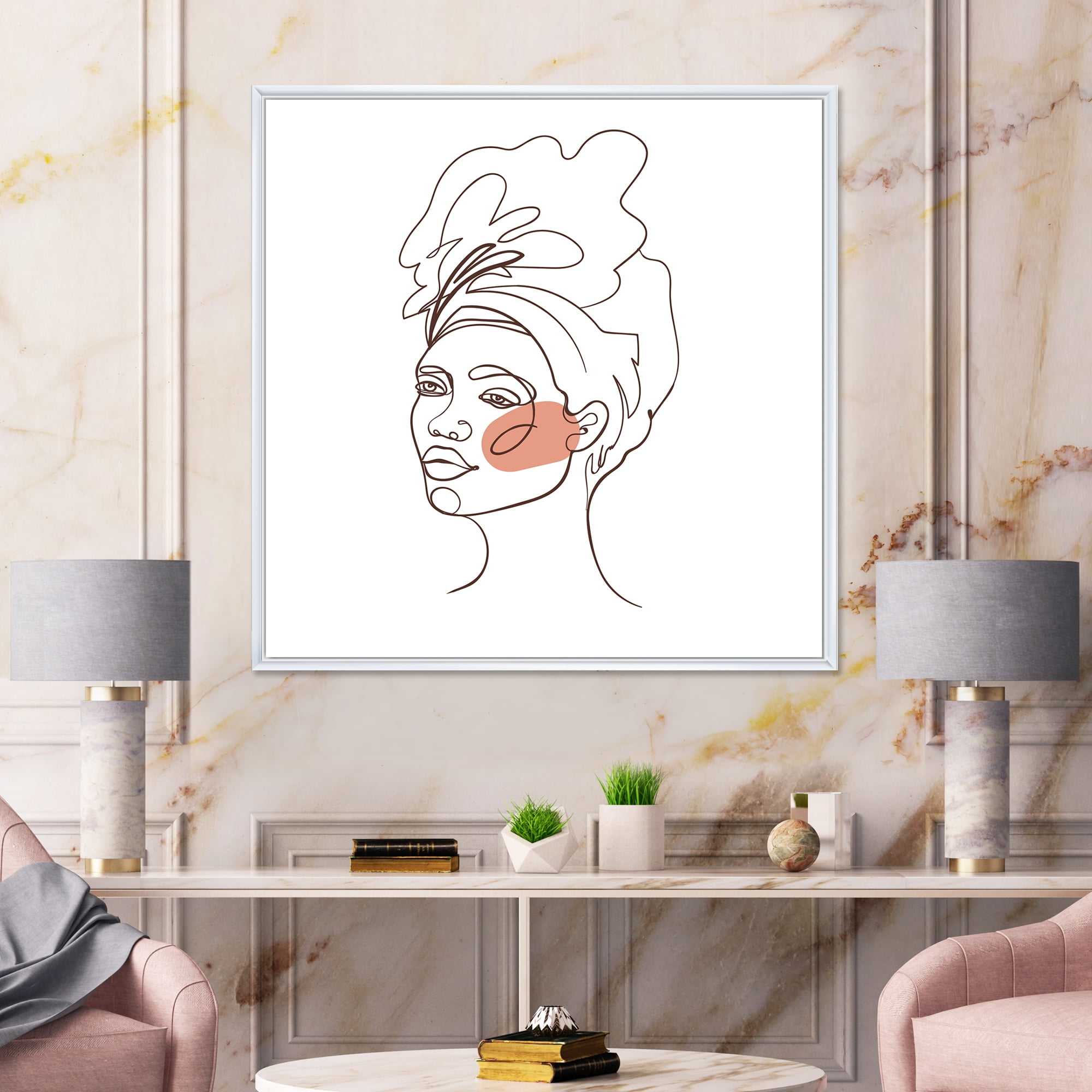 Designart 'One Line Portrait of Afro American Woman III' Modern Framed Canvas Wall Art Print