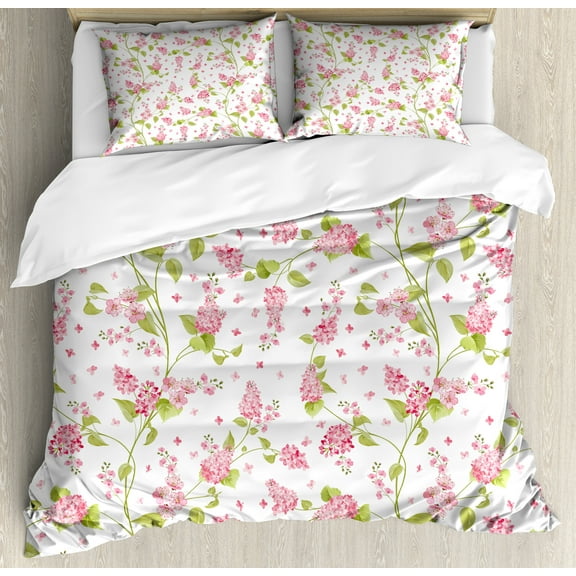 Shabby Flora Duvet Cover Set, Nature Blossoms Buds Flowers Lavenders Florals Leaves Ivy Art, Decorative 3 Piece Bedding Set with 2 Pillow Shams, Queen Size, Pink White and Green, by Ambesonne