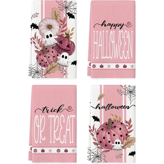 SM-XLHN Pink Ghost Polka Dot Pumpkin Happy Halloween Kitchen Towels Dish Towels, 18x26 Inch Farmhouse Bat Flower Decoration Hand Towels Set of 4