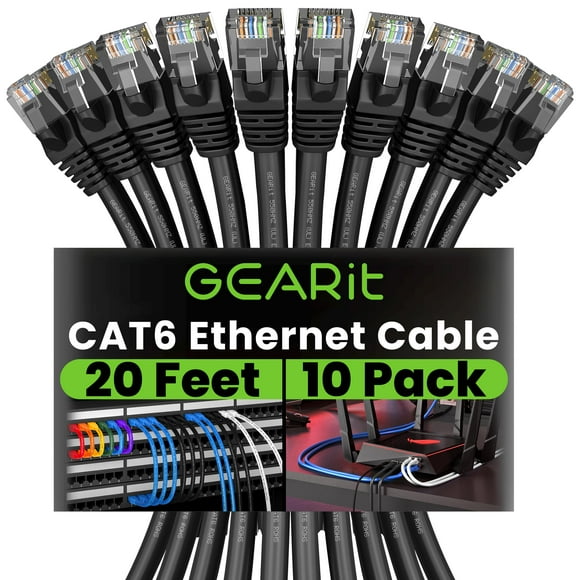 GearIT Cat 6 Ethernet Cable (10-Pack 20 Feet) Cat6 Network Patch, 10Gbps, RJ45, Snagless Cord, Gold-Plated Connectors, Internet for PC, TV, Tablet, Router, Printer,