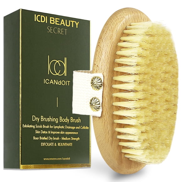 ICANdOIT Cepillo corporal para cepillado en seco, cerdas de jabalí, cepillo para piel seca, cepillo de masaje exfoliante para celulitis y linfático, mejora la circulación, detiene los pelos encarnados