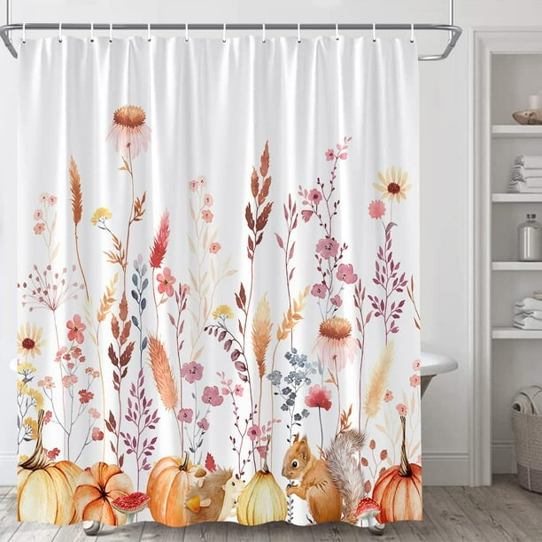 Autumn Flowers Shower Curtain Set with Hooks Orange Yellow Fall Rustic