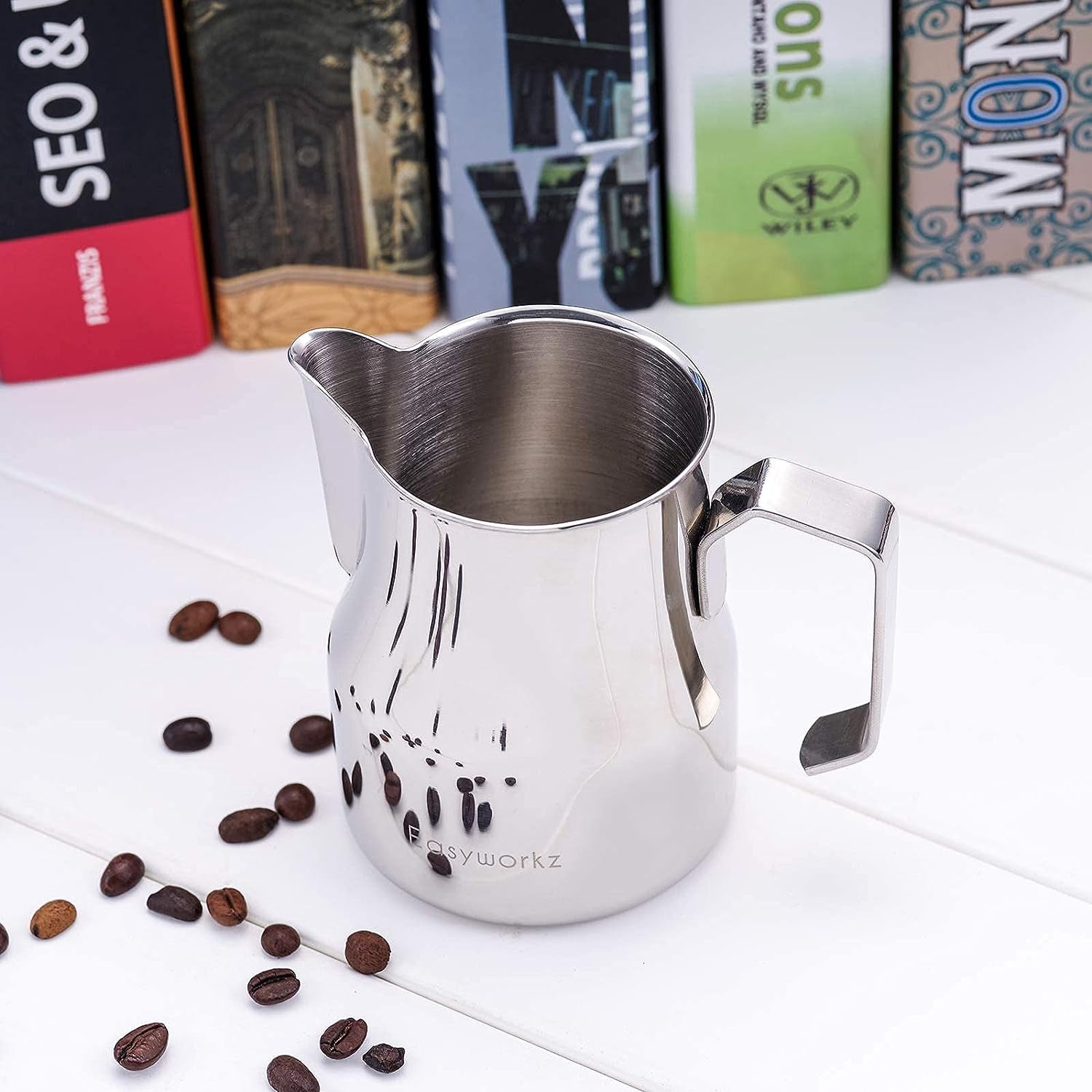 Easyworkz Espresso Steaming Pitcher Stainless Steel 15 oz Coffee Frothing Picther Milk Jug Cappuccino Latte Art Cup, Chrome