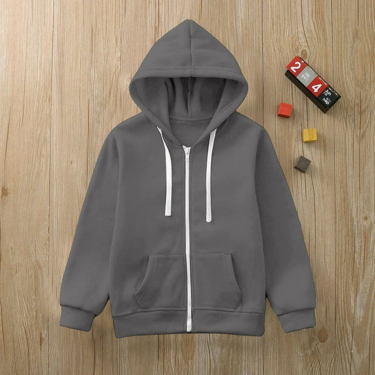 Boys Jacket Zipper Hoodie Sweatshirt Color Solid Jackets Long Hoodies Top Sleeve Up Girls Kids Boys Coat Jacket Dark Gray 9 10 Years 140 cm