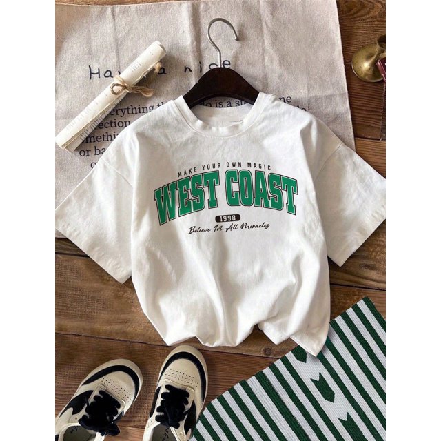 Young Boy Casual Simple Letter Print Short Sleeve Crewneck T-Shirt Suitable For Summer