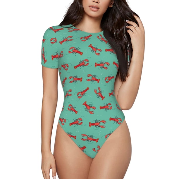 Balery Cartoon Lobsters 4 Body de cuello redondo de manga corta para mujer Tops de manga corta Tops básicos-Medium