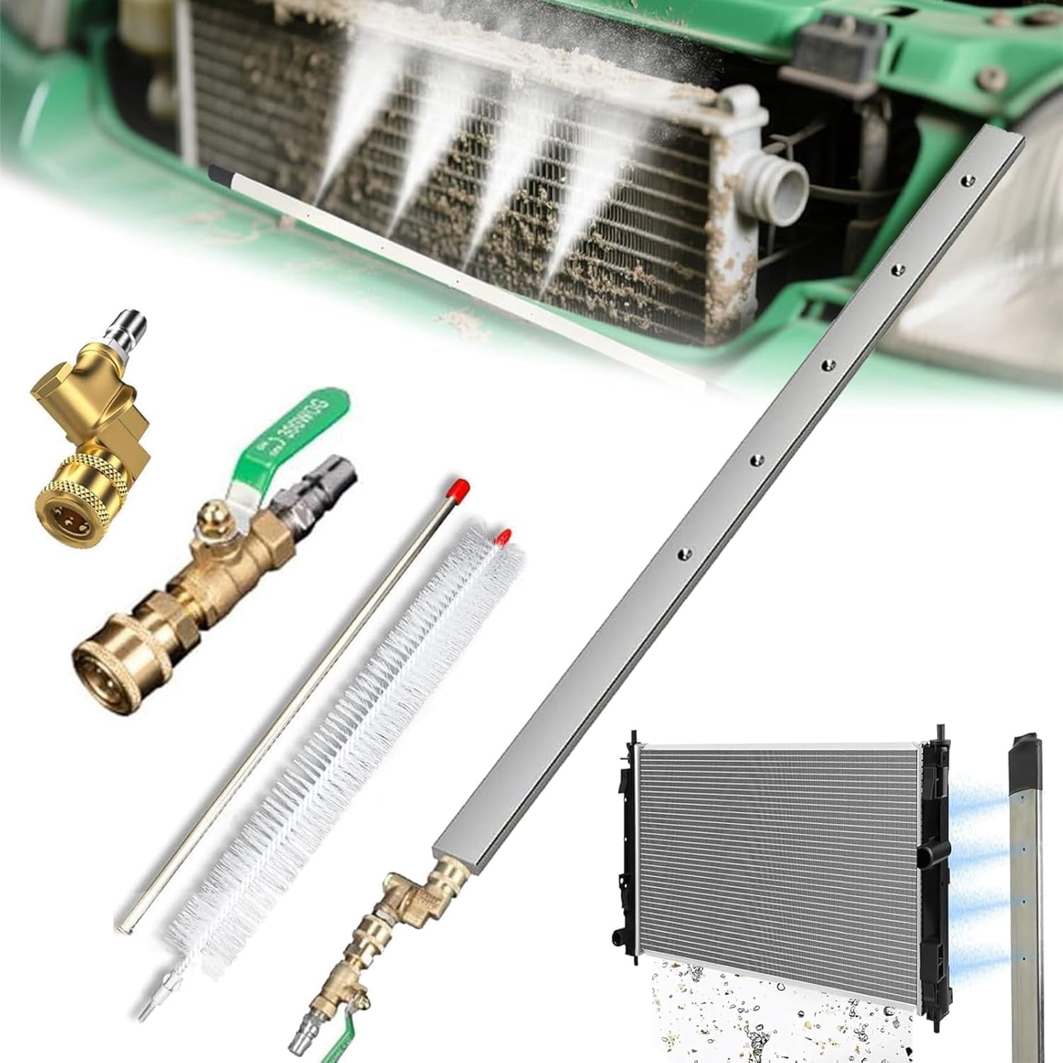 Radiator Cleaning Wand Tool, 4500 Psi Slim Fan Spray Nozzle, With Cleaning Brush and Quick Coupler for Automotive Radiators, Condensers, Hvac & Heavy Machinery
