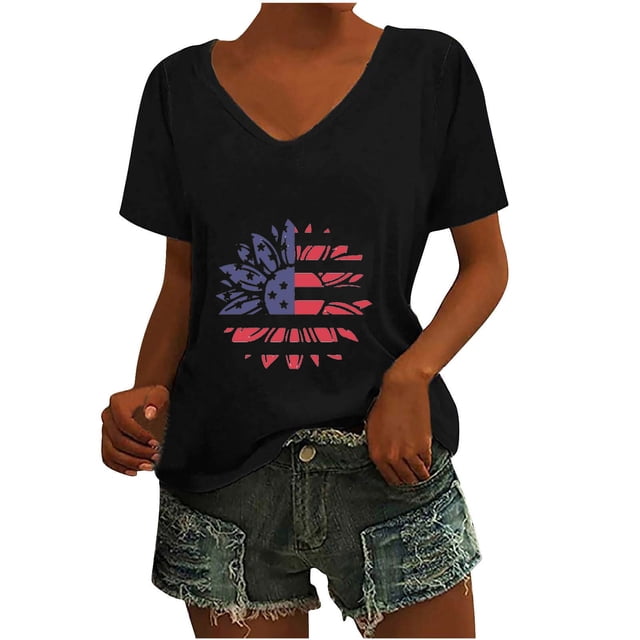 Camisetas Casuales de las Mujeres Gradiente Día de la Independencia Impreso Cuello Redondo, Blusa de Manga Corta para Diario, Fiesta Y Primavera Verano