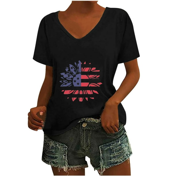Camisetas Casuales de las Mujeres Gradiente Día de la Independencia Impreso Cuello Redondo, Blusa de Manga Corta para Diario, Fiesta Y Primavera Verano