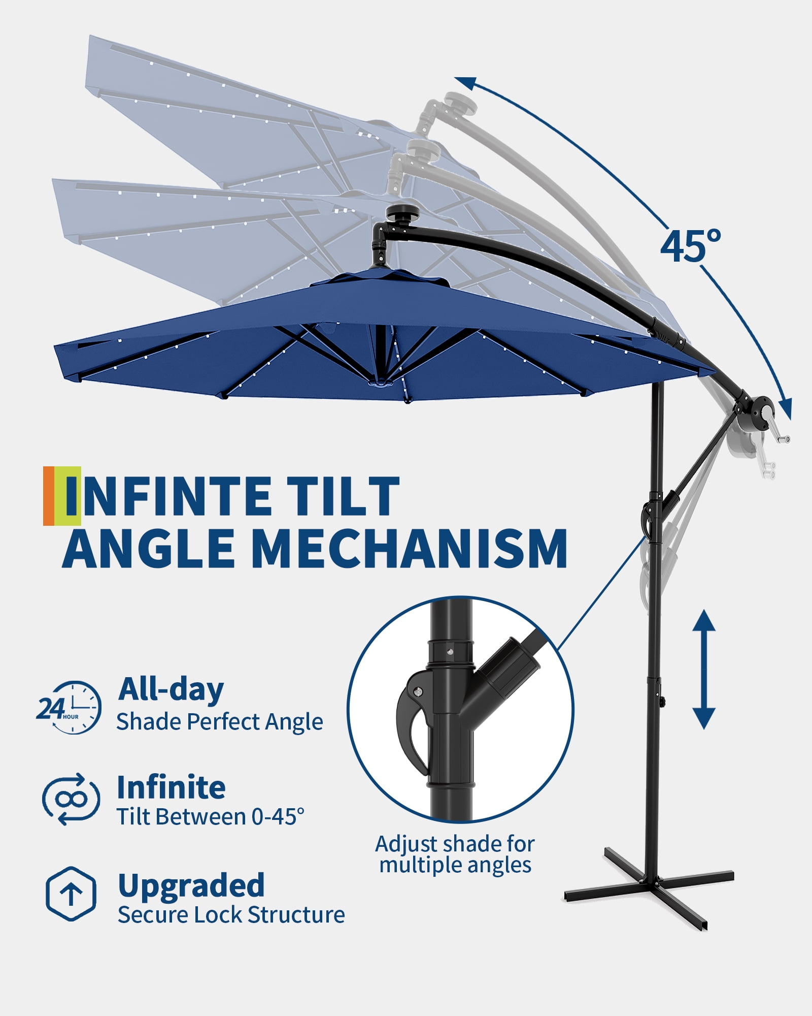 10ft Solar LED Offset Hanging Market Patio Umbrella for Backyard, Poolside, Lawn and Garden w/Easy Tilt Adjustment, UV Protection, Sturdy 8 Ribs - with 32 LED Lights