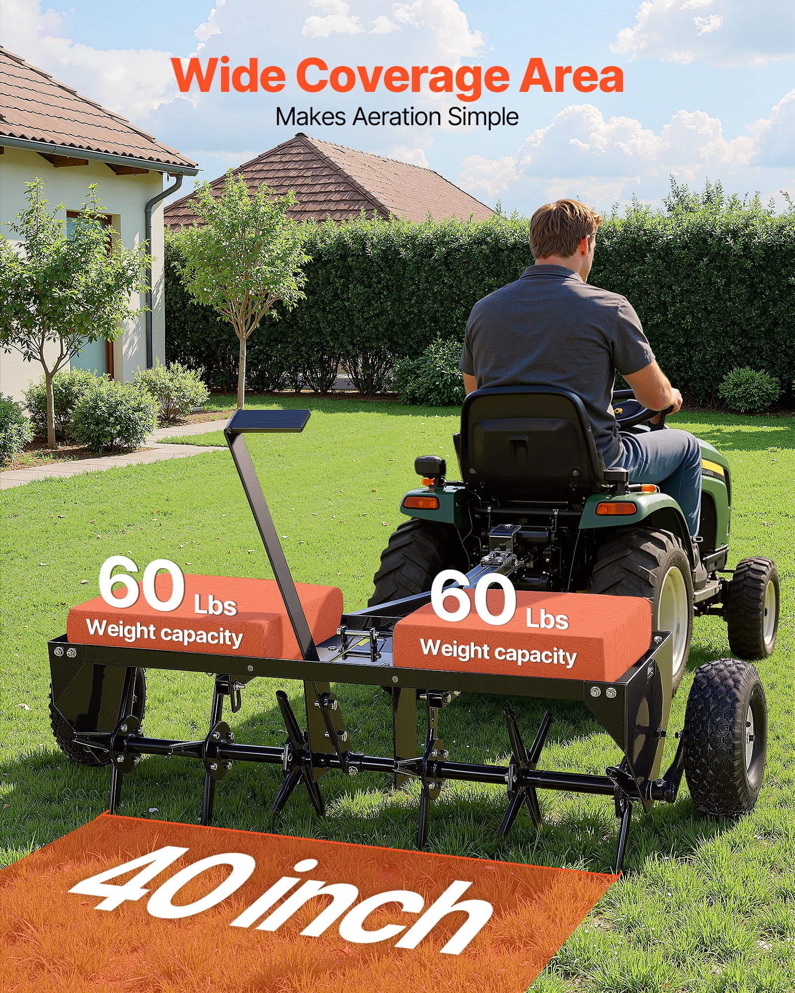 VEVOR Tow Behind Plug Aerator, 40 in Lawn Core Aerator Tool Universal Hitch, 120lbs Weight Capacity, Heavy Duty  & Rust-Resistant, Pull Behind Spike Aerators with Tray for Farmland & Garden Tractors