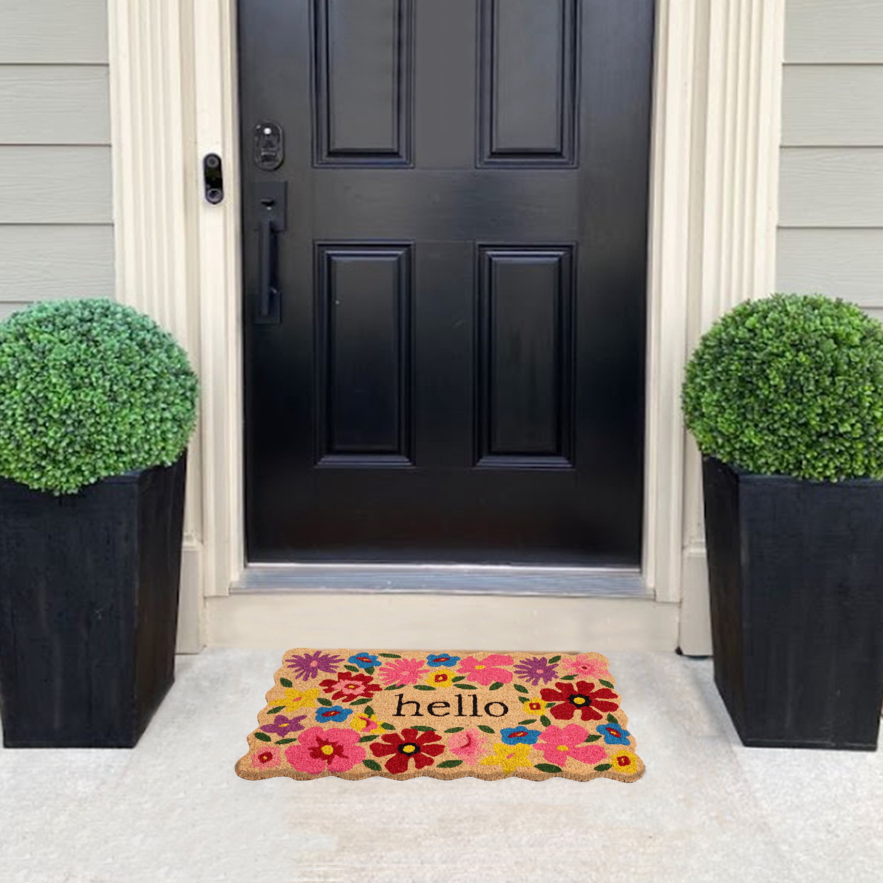 A1HC Natural Coco Coir Doormat, Spring Floral Scalloped Hello, 18"x30", Durable Outdoor Welcome Mat, Non-Slip, Easy to Clean, Pet Friendly