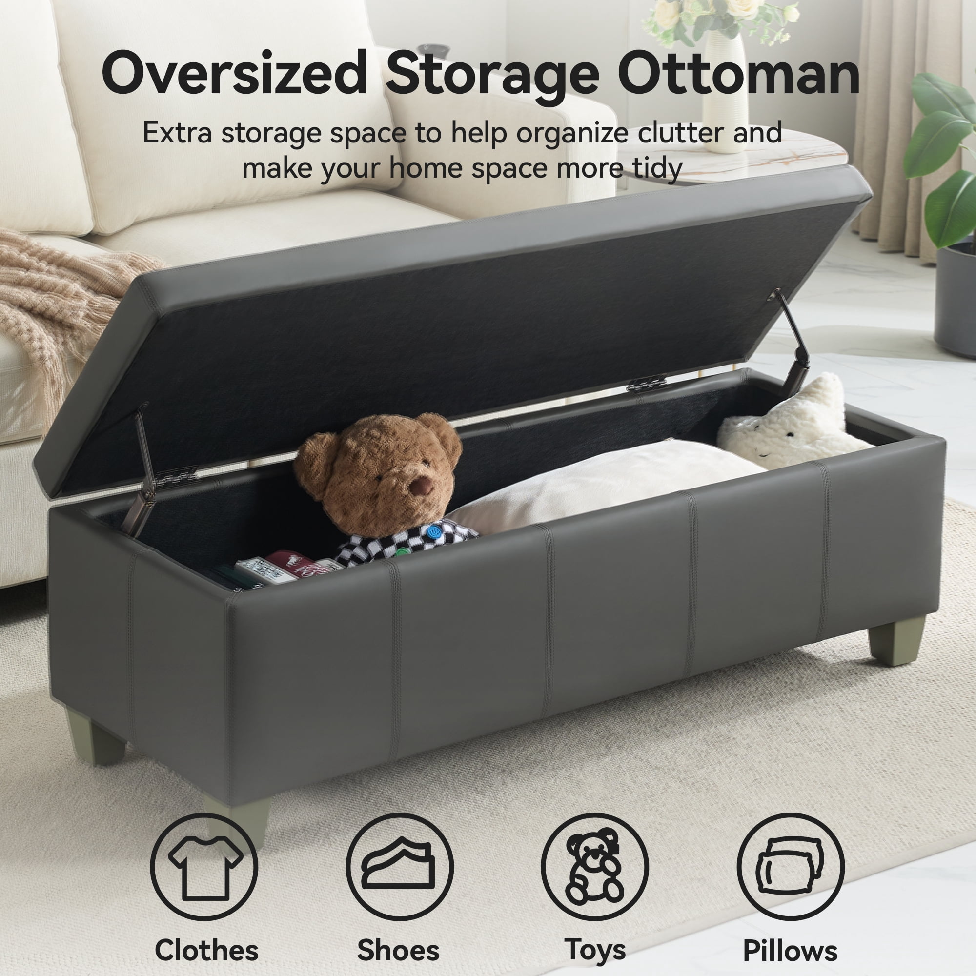 51" Faux Leather Storage Ottoman Bench with Wooden Legs, Tufted Upholstered Seat, Sturdy & Spacious for Bedroom, Entryway, Living Room, Dark Gray
