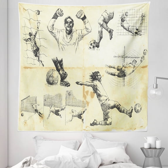 Sketchy Tapestry, Arrangement of Different Soccer Player Goalkeeper Theme Sketch Art, Fabric Wall Hanging Decor for Bedroom Living Room Dorm, 5 Sizes, Charcoal Grey Yellow, by Ambesonne