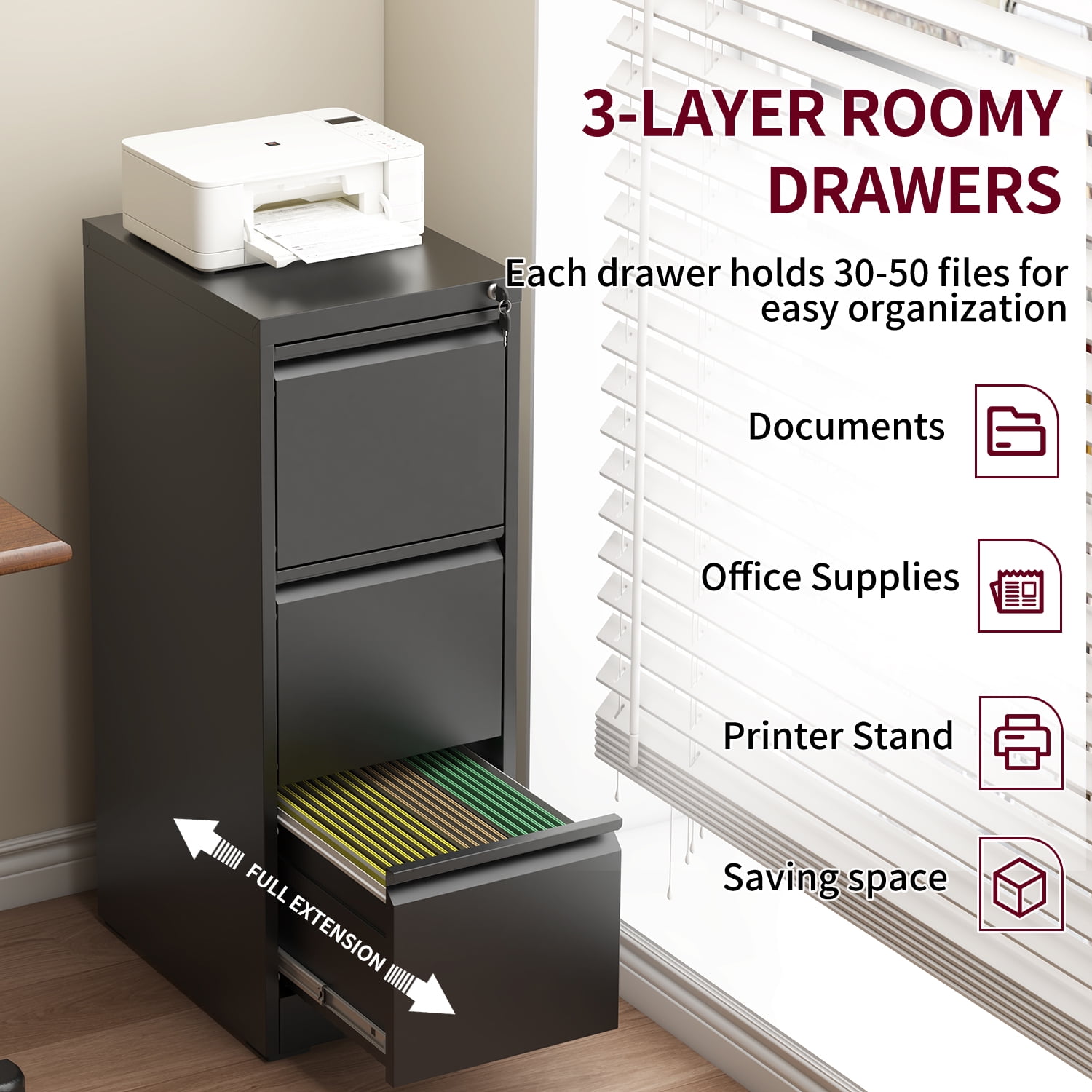IKIMI 3-Drawer Metal Vertical Filing Cabinet with Lock for A4/Letter/Legal Size Files, Black