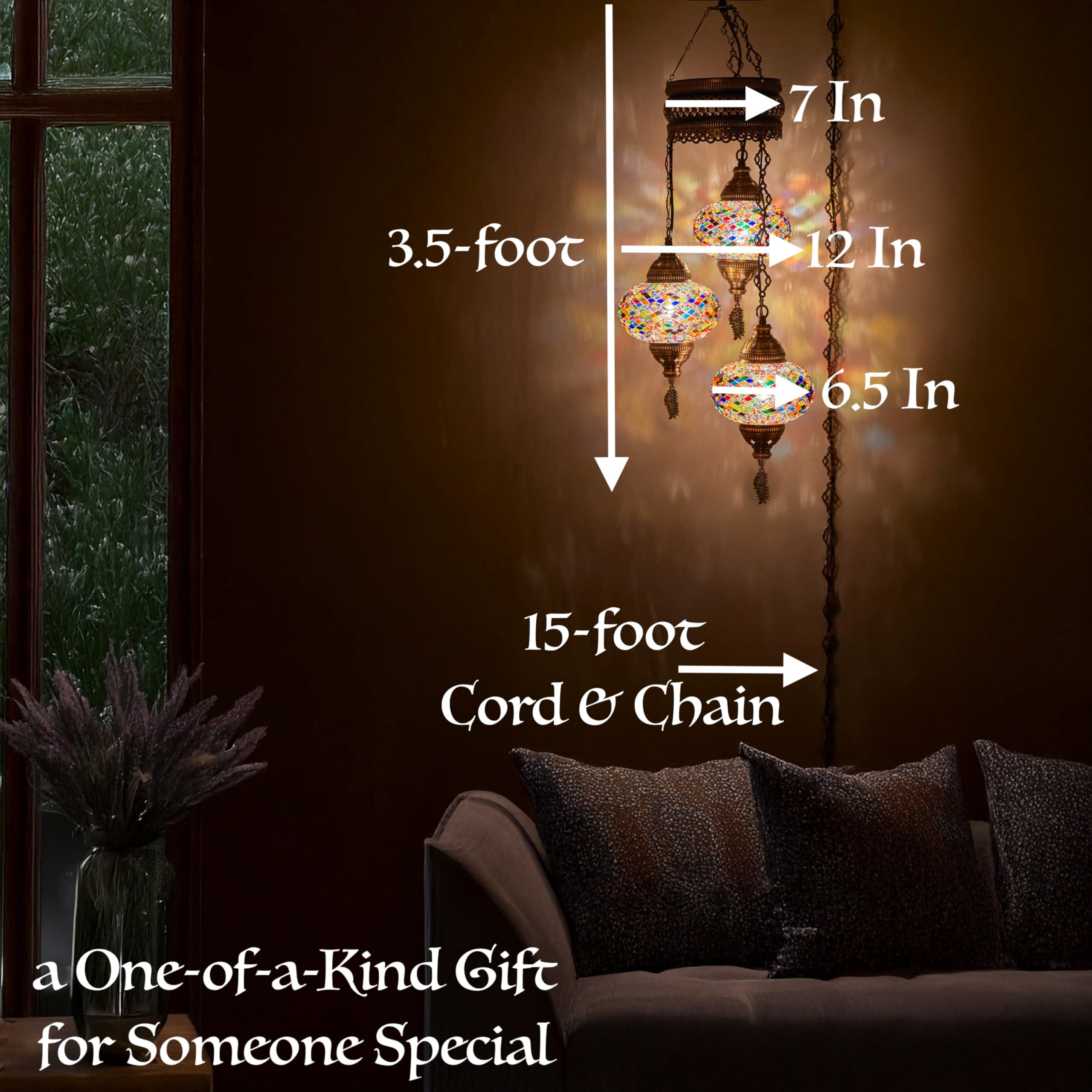 DEMMEX Turkish Mosaic Hanging Lamp, 3 Globe Handmade Plug-in Moroccan Chandelier Light Fixture with 15-ft Cord & Chain, Bohemian Ceiling Light for Living Room or Bedroom (Multicolor)