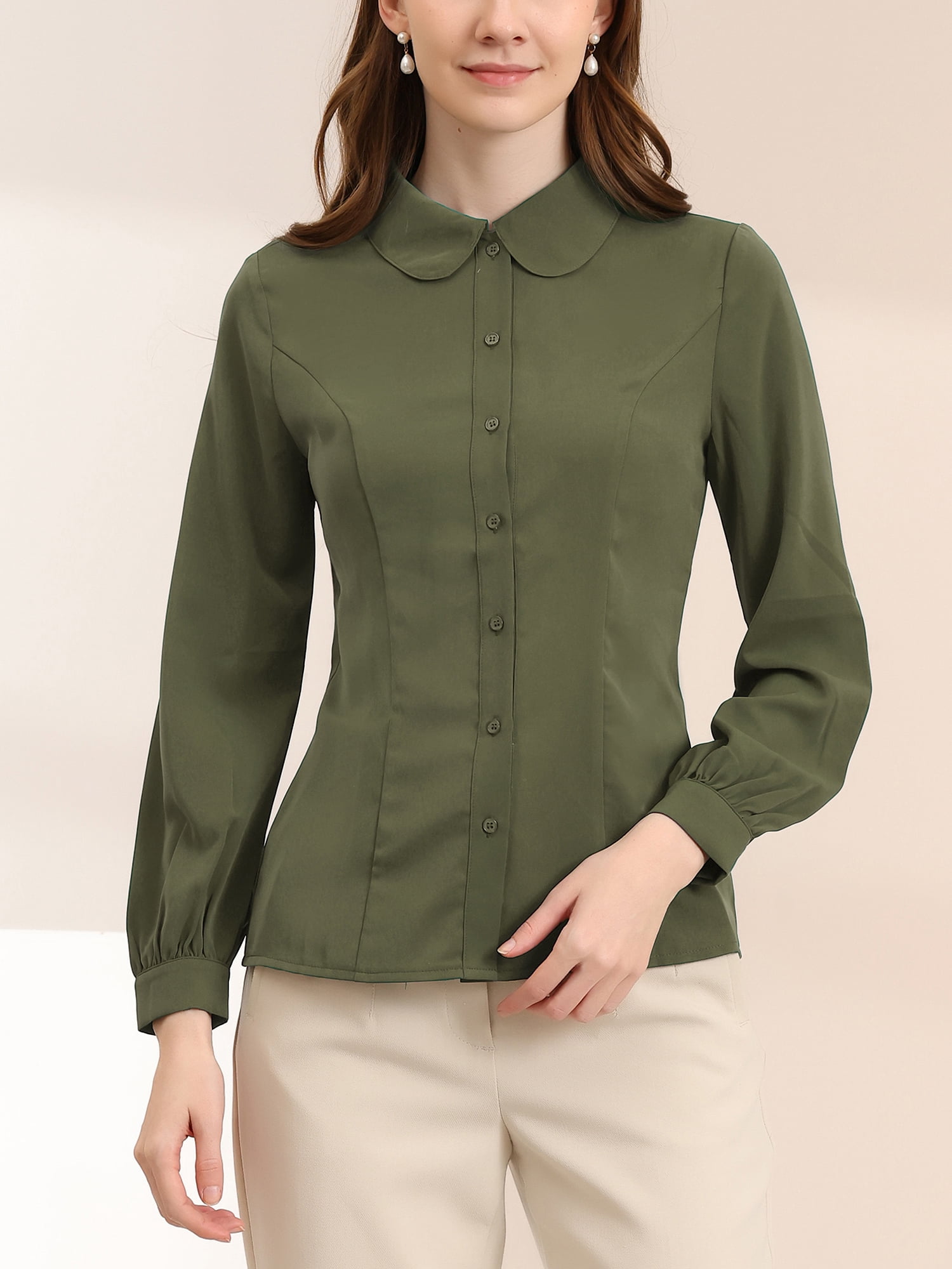 DARING DIVA Women's Peter Pan Collar Long Sleeve Button Down Work Shirts L Army Green
