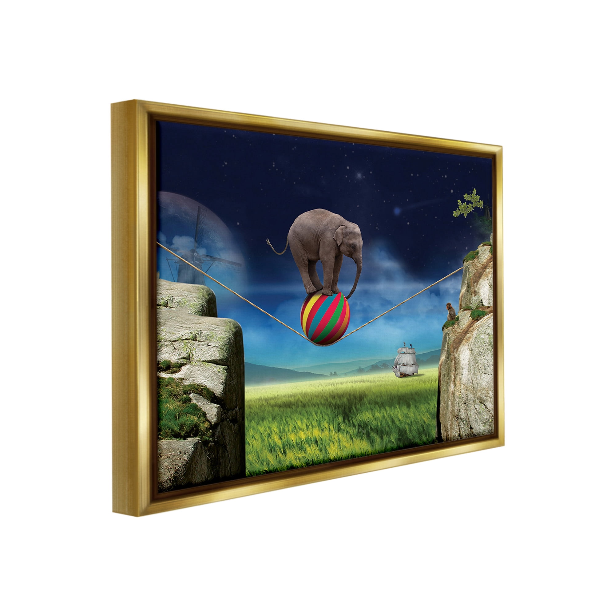 Stupell Industries Elephant Balancing on Ball Animals & Insects Painting Gold Floater Framed Canvas Art Print Wall Art, 21 x 17