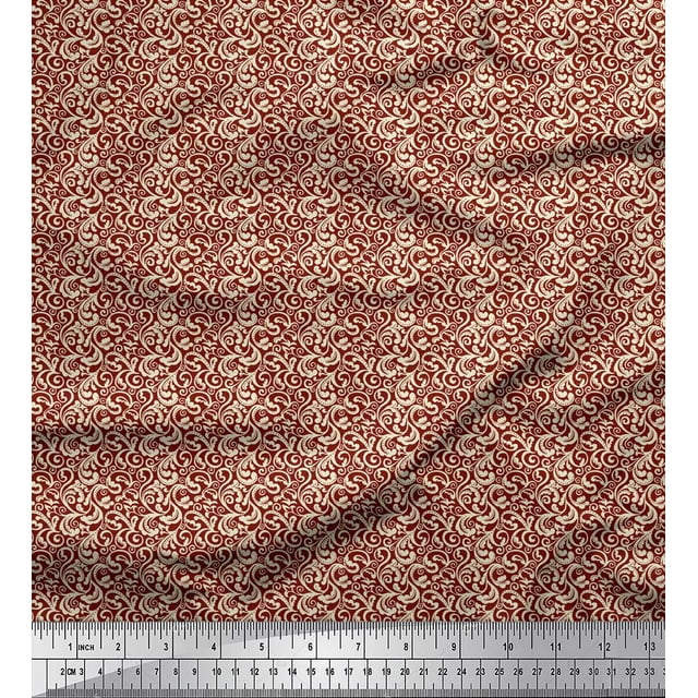 Soimoi Red polyester Crepe Fabric Filigree Damask Print Fabric by the Yard 42 Inch Wide