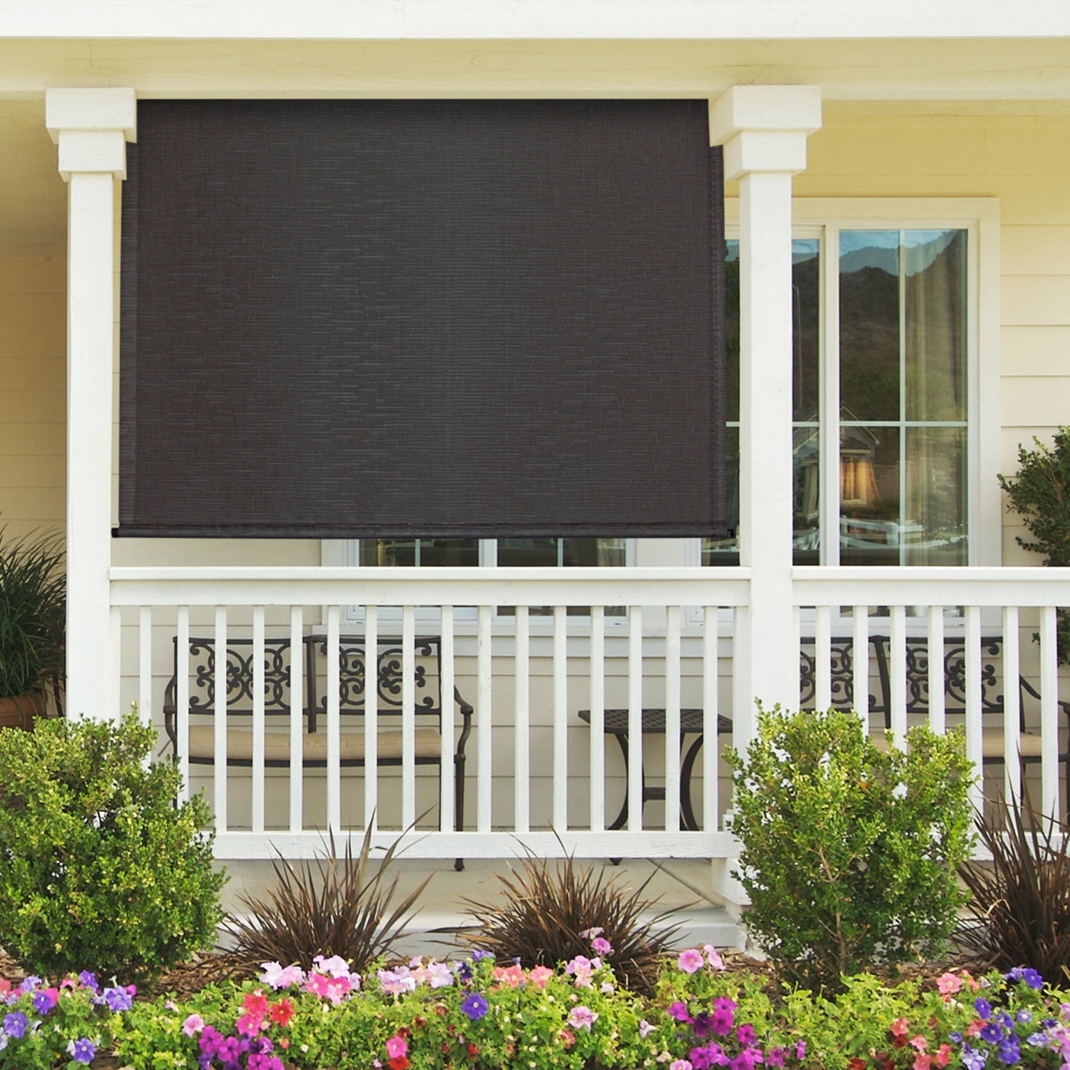 Keystone Fabrics PVC Outdoor Patio Sun Shade with Valance 10ft Wide (Gray/Beige)