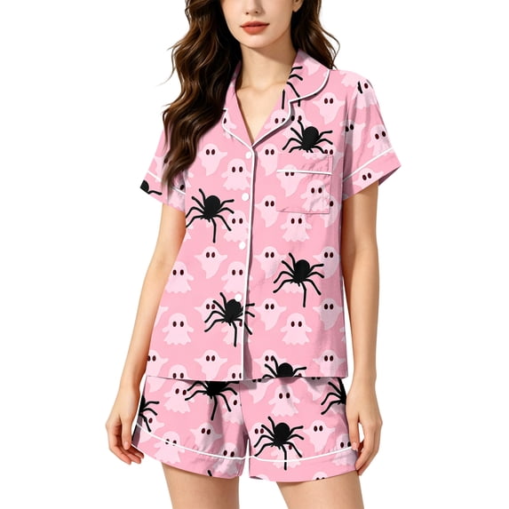 IYYVV Halloween Pajamas Women Ghost Pumpkin Print Shirts Matching Shorts Pjs Sets 2026 Cute Funny Sleepwear Pink XL