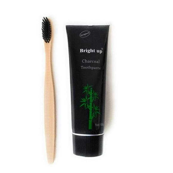 Dentifrice blanchissant les dents au charbon actif avec brosse à dents en bambou gratuite, détruit la mauvaise haleine, élimine les taches de fumée et les taches de café, 4 oz