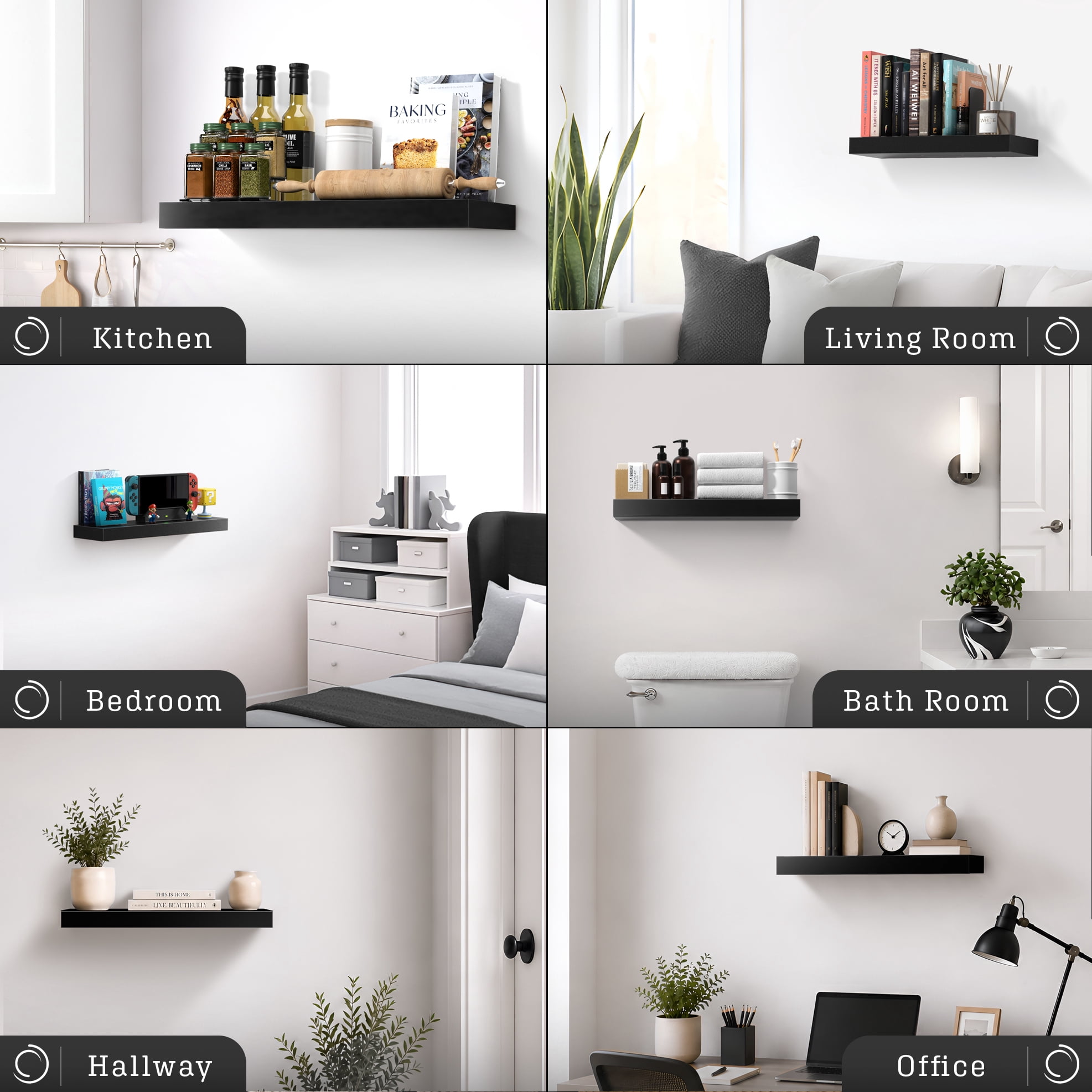 Sorbus 16.25" Floating Wall Shelf, Black, Invisible Brackets, Bathroom, Bedroom & Home Décor