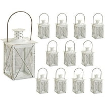 Kate Aspen Medium Decorative Lanterns - Set of 12 - Luminous Distressed White Metal Lantern Candle Holders Centerpieces for Wedding, Home Decor and Party - 6.3" H (8.9" H with Handle)