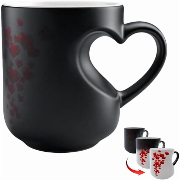 Heart-Shaped Color Changing Magic Ceramic Mug Funny Color Changing Coffee Cup with Handle That Reveals Surprise Design When Filled with Hot Beverage Romantic Gift for Couples