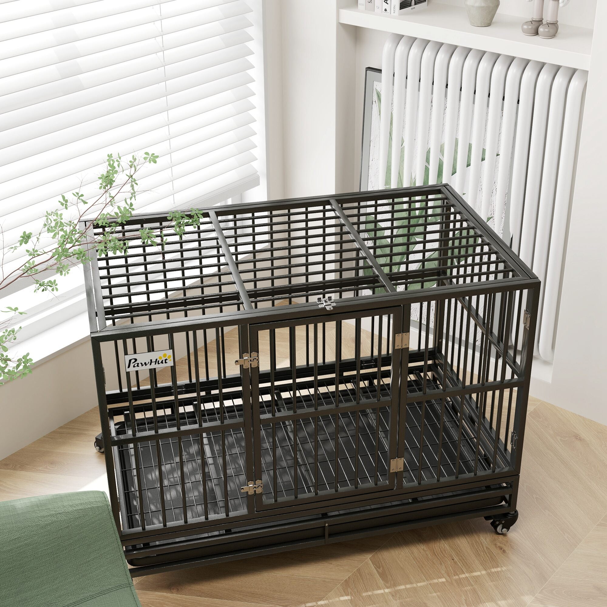 Dog Crate, PawHut 48" Heavy Duty Dog Crate Metal Cage Kennel with Lockable Wheels, Double Door and Removable Tray, Gray, Gray Pet Playpen,Steel Chicken Coop, Pet Supplies Pens & Hutches