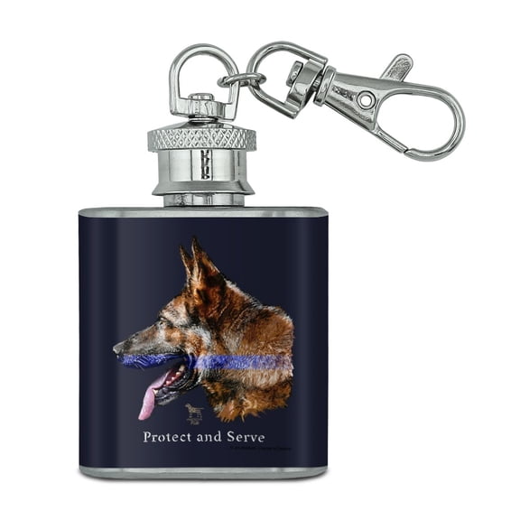 Protect and Serve K9 Police Thin Blue Line German Shepherd Dog Stainless Steel 1oz Mini Flask Key Chain