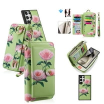 Multifunctional Wallet Case For Samsung Galaxy S24 Ultra with RFID Blocking Card Slots,Detachable Purse Soft PU Leather Magnetic Snap Hand Strap Zipper Pocket Cute Flower Case with Carabiners,Green