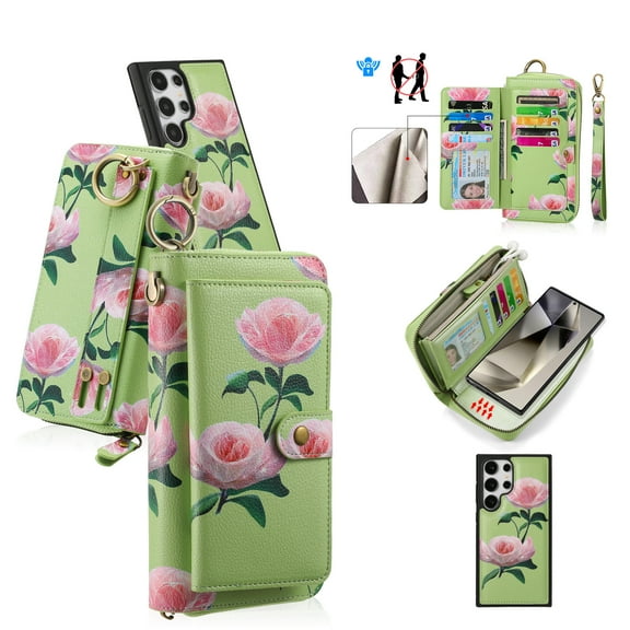 Multifunctional Wallet Case For Samsung Galaxy S24 Ultra with RFID Blocking Card Slots,Detachable Purse Soft PU Leather Magnetic Snap Hand Strap Zipper Pocket Cute Flower Case with Carabiners,Green