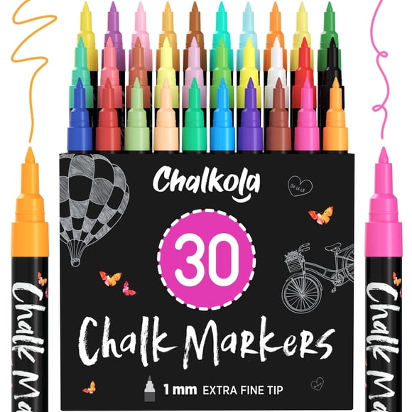 Extra Fine Tip Liquid Chalk Markers for Blackboard (30 Pack 1mm) Pastel + Neon Chalk Pens - Erasable Dry Erase Marker for Chalkboard, Blackboards, Wi
