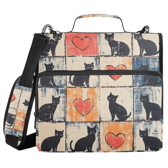 FORMRS Zipper Binder with Shoulder Strap 2-inch Ring 500 Sheet Capacity File Bag, Cats and Hearts