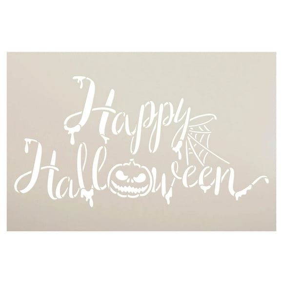 Spooky Script Happy Word Art Stencil - Jack-o-Lantern Spider Web Craft DIY for Spooktacular Home Decor - Paint Porch Wood Sign - Size 12 x 8 inch