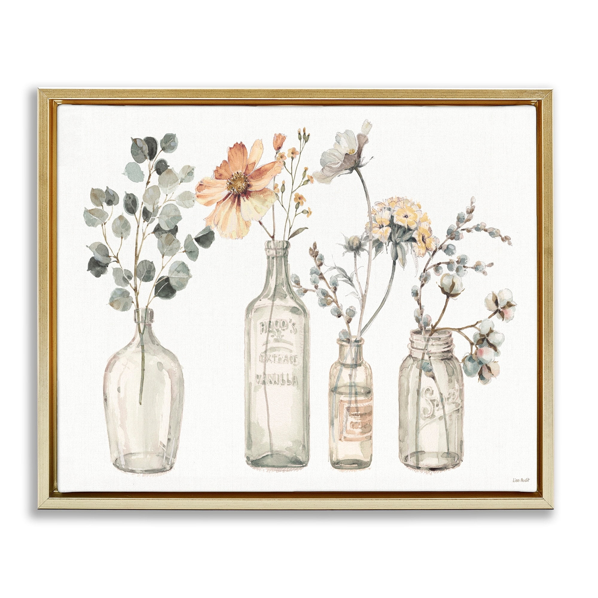 Stupell Industries Antique Floral Bouquets Flowers Glass Jar Painting Metallic Gold Framed Floating Canvas Wall Art, 16x20, by Lisa Audit