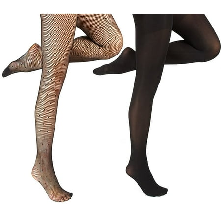 Marilyn Monroe Womens Ladies 2Pack Black Polka Dots Fishnet Tights With Solid Opaque S/M