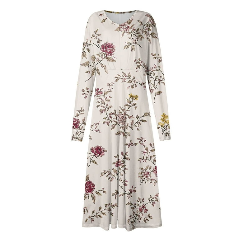 Women's Autumn Winter Casual Fashion V-Neck Long-sleeved Gradient (Floral)  Print Long Dress, Rose, Size XL