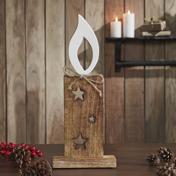 VHC Brands White Flame Natural Candle w/Stars Wooden Figurine 17x7x2