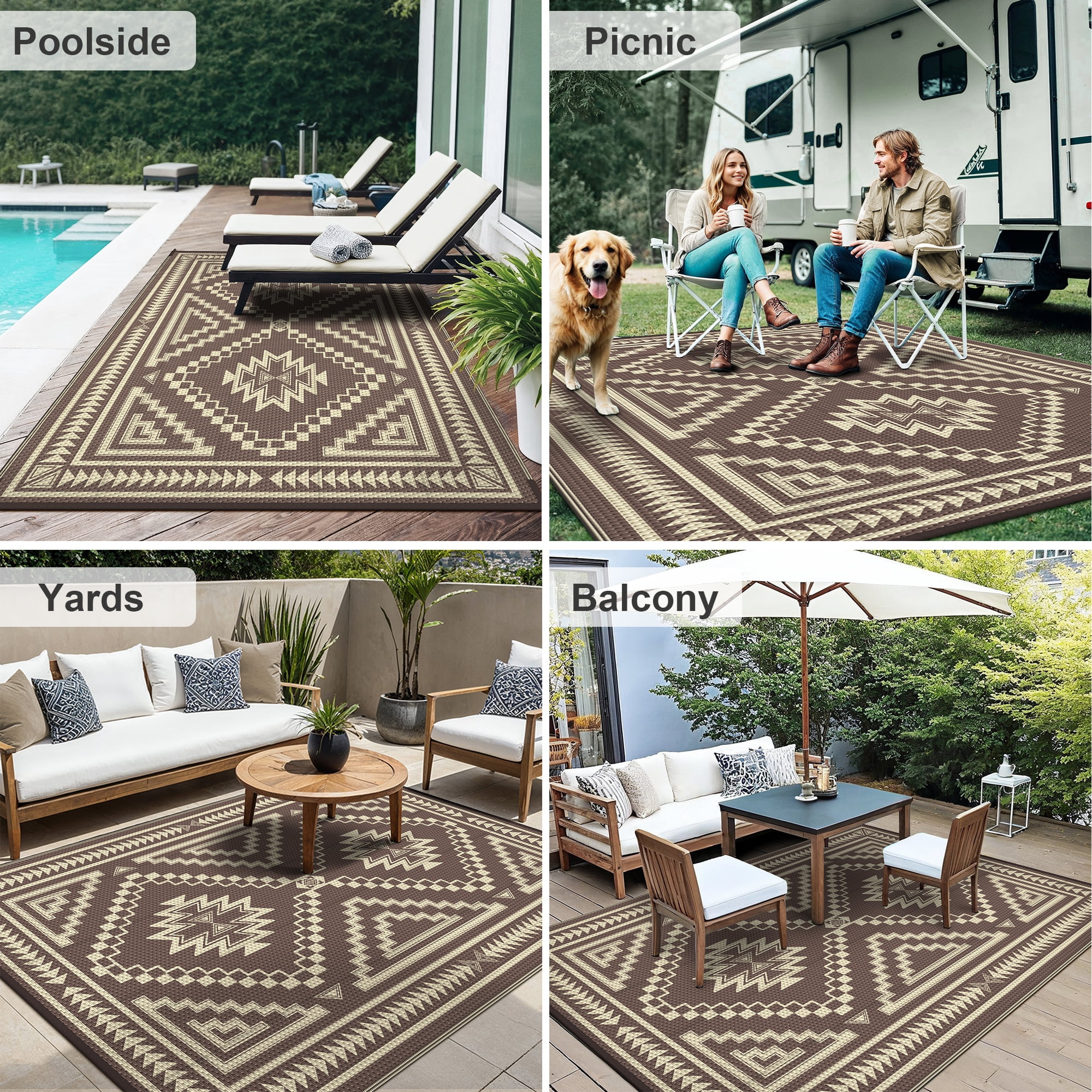 KUETH 6' x 9' Outdoor Rug Waterproof for Patio Carpet Plastic Reversible Straw Outdoor Rug for Camping Picnic Geometric Mat ,COFFEE&BEIGE