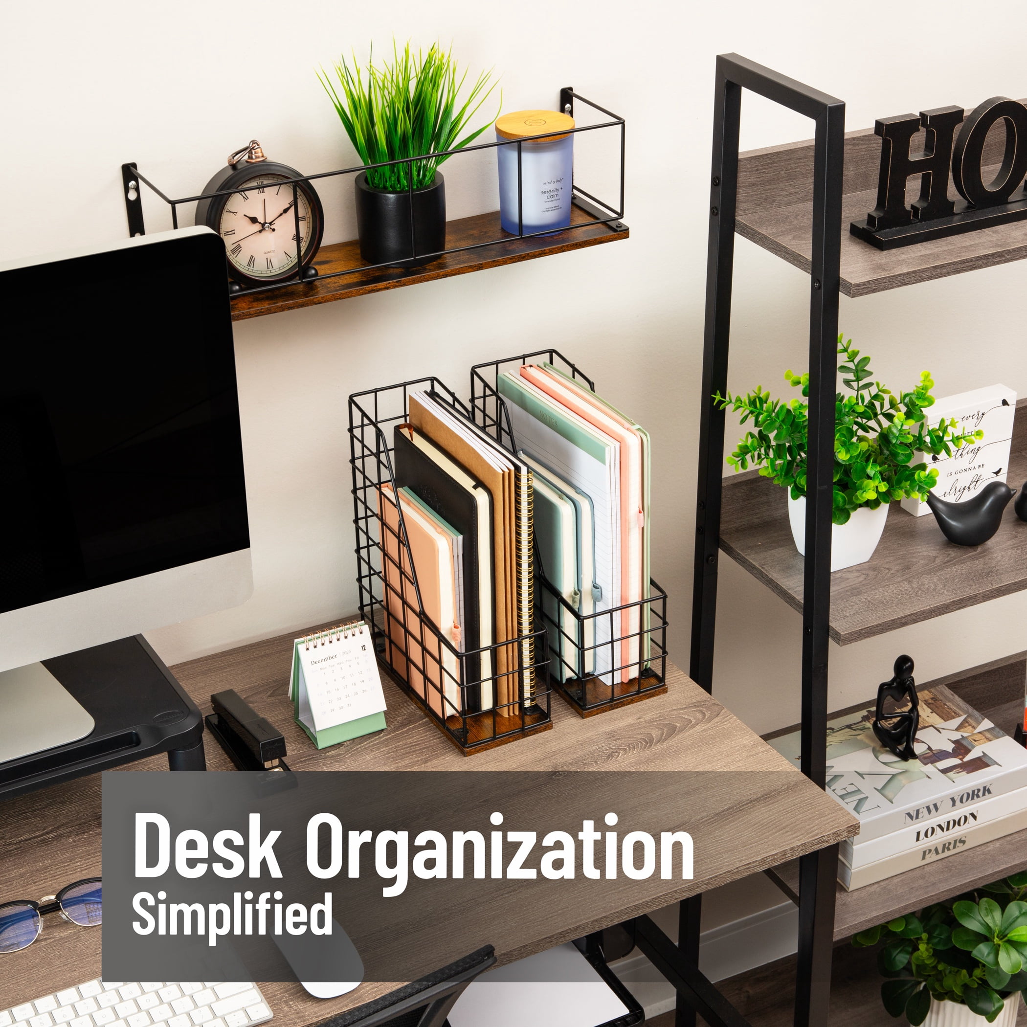 Mind Reader Vertical File Organizer with Wood Base and Black Metal Frame, Desktop Magazine Holder, Modern File Rack, Metal and Wood, Black