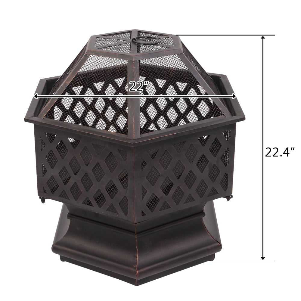 22" Hexagonal Iron Brazier, Deep Fire Pit with Spark Guard, Heat-Resistant Paint, Lightweight for Yard,Poolside,Backyard, Distressed Bronze