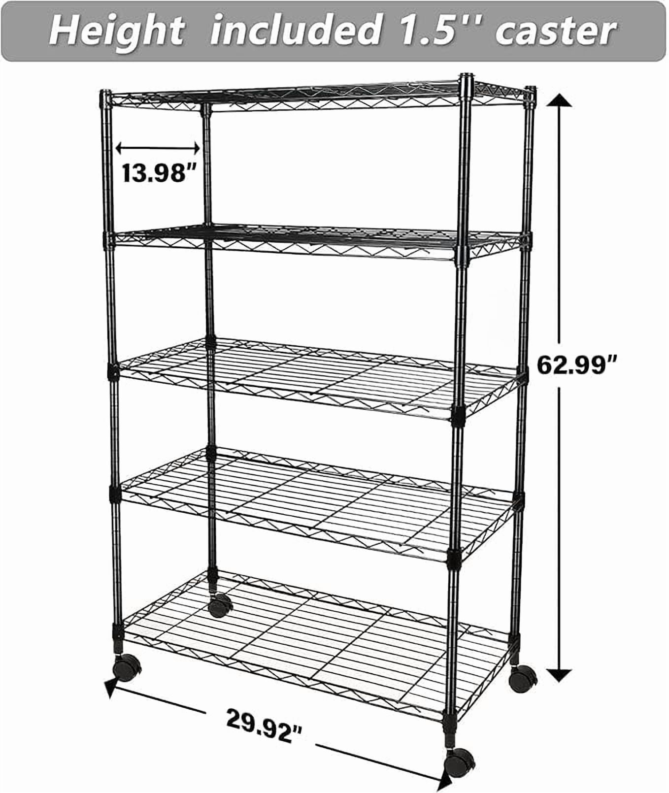 5-Tier Wire Storage Shelves, 30" D x 14" W x 63" H,1250 lb Load Capacity, Black,2-Pack
