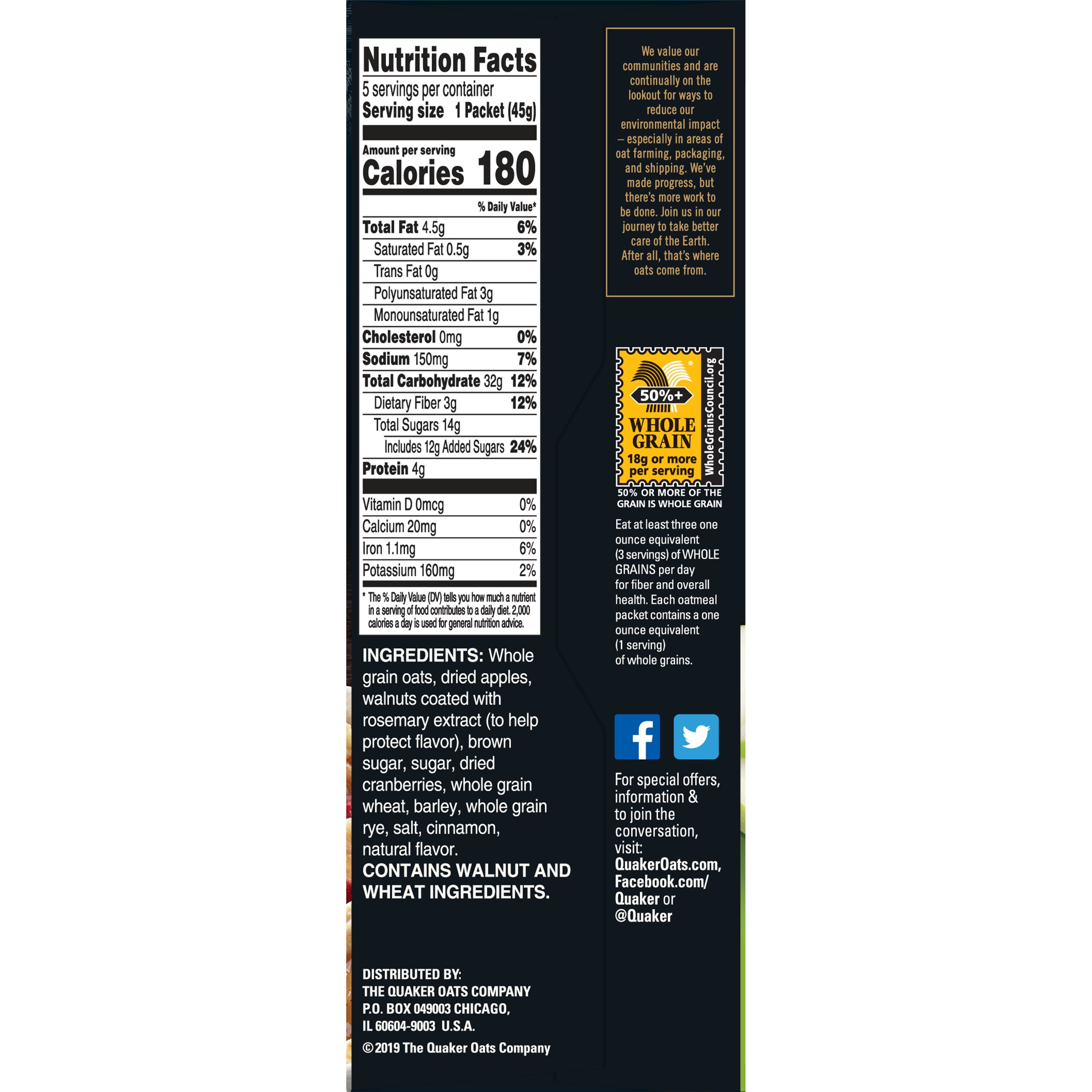 Quaker Real Medleys, Multigrain Instant Oatmeal, Apple Walnut, 1.58 oz, 5 Packets