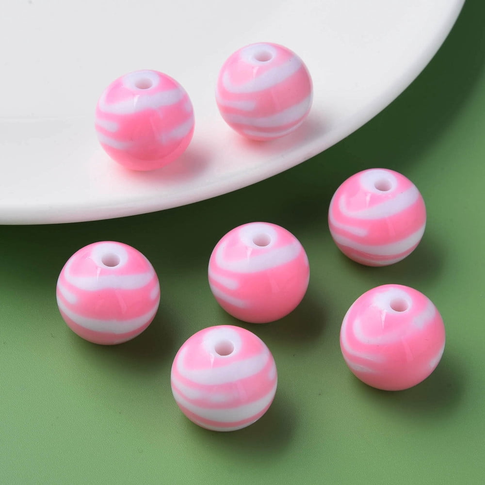 Opaque Striped Acrylic Beads Round Pearl Pink 19mm Hole: 3mm about 112pcs/500g