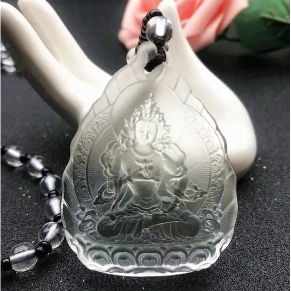 Crystal Orgone Godness Glazed Amulet,White Tara Manjushri Buddha Guanyin Crystal Pendant Buddha Amulet Gemstones Necklace(Chain 65cm)